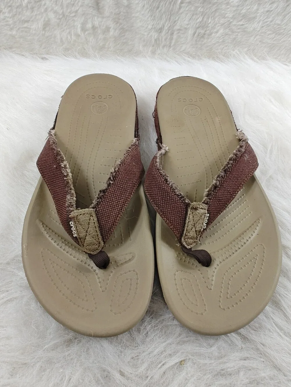 Crocs Dual Comfort Khaki Canvas Fabric Flip Flop Sandals Men's Size 12 Comfort